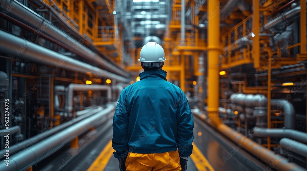 An engineer in a blue jacket and white helmet stands in front of a factory An engineer in a blue jacket and white helmet stands in front of a factory
