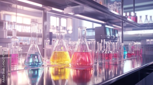 a modern laboratory with various glassware including beakers, test tubes, and flasks on shiny metallic tables