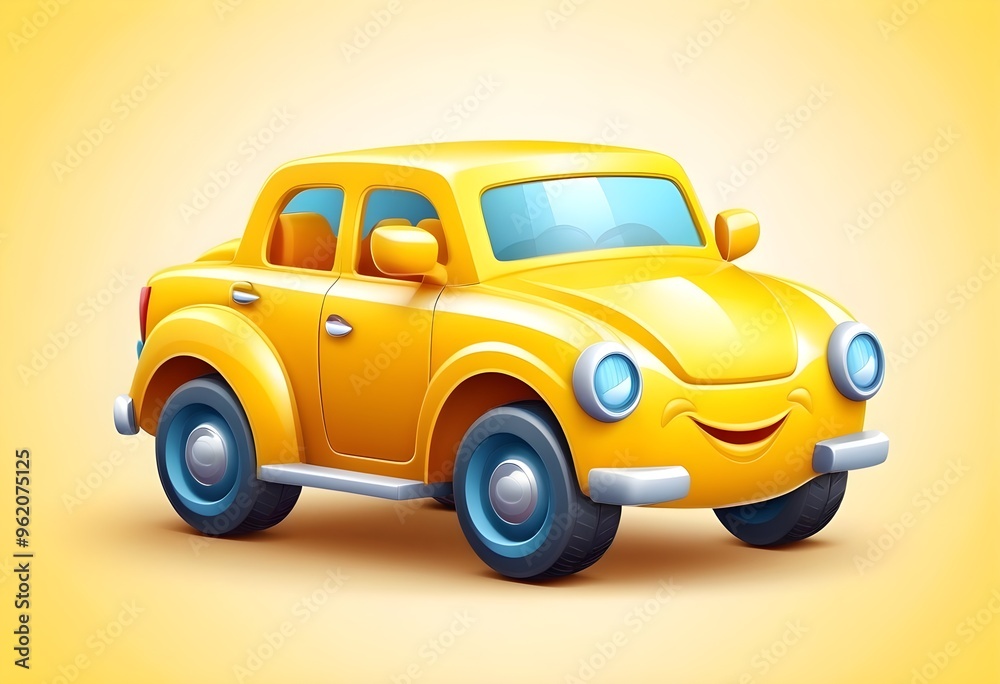 3D yellow cartoon toy car vector design for kids.
