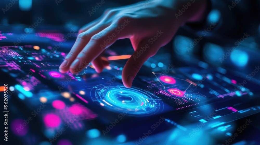 Obraz premium Blue and multi-colored smart device interacting with a futuristic digital environment