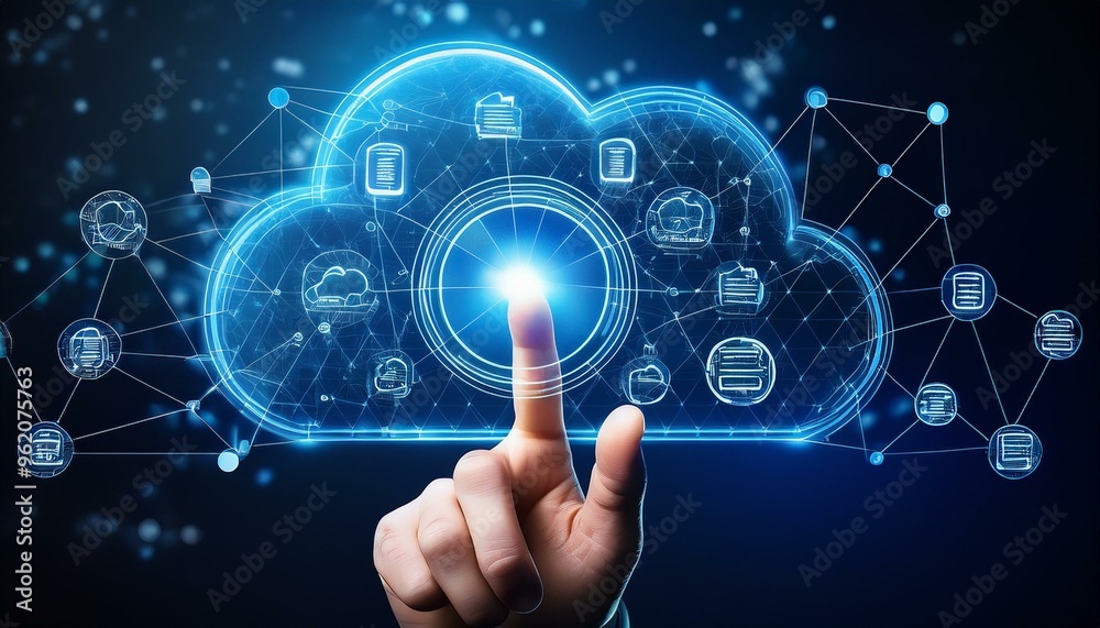 A finger triggers a cascade of holographic data icons, visualizing cloud computing's expansive network. A finger triggers a cascade of holographic data icons, visualizing cloud computing's expansive network.