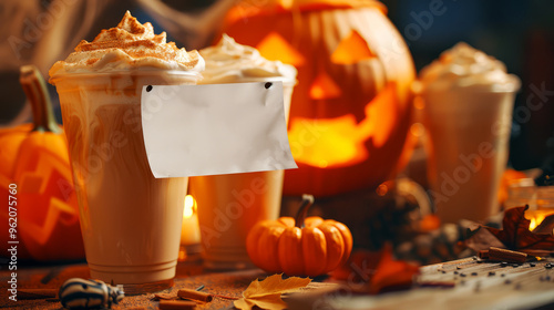 Pumpkin Spice Latte With Whipped Cream And A Blank Note photo