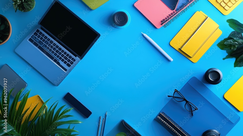 Blue and multi-colored tech gadgets arranged on a futuristic desk with vibrant office decor Blue and multi-colored tech gadgets arranged on a futuristic desk with vibrant office decor