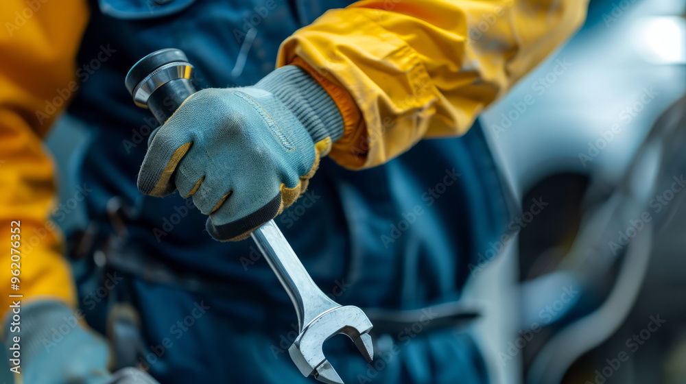 Closeup Of A Gloved Hand Holding A Wrench. The Image Is Perfect For Illustrating Concepts Of Repair, Maintenance, Or Construction. Closeup Of A Gloved Hand Holding A Wrench. The Image Is Perfect For Illustrating Concepts Of Repair, Maintenance, Or Construction.
