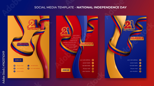 Set of portrait social media post template with a 3D shape decorated with fluttering ribbons