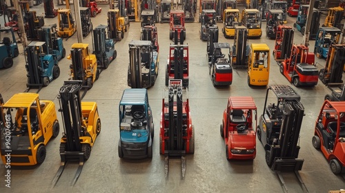 Lots of colorful different types of forklifts