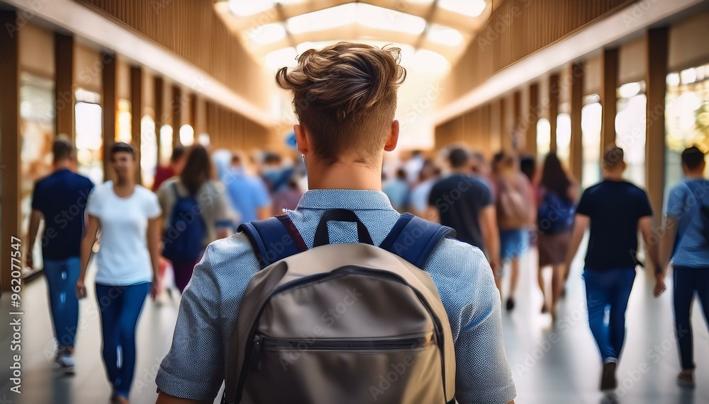 A young man with a backpack walks through a crowded hallway, surrounded by students. A young man with a backpack walks through a crowded hallway, surrounded by students.