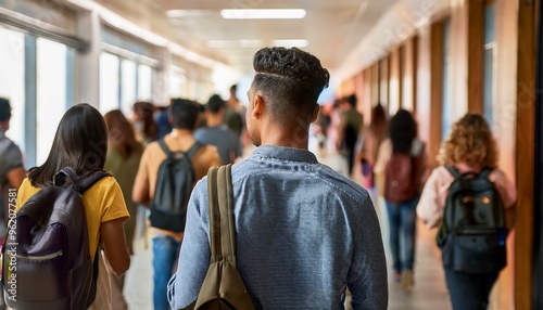 A young man with a backpack walks through a crowded hallway, surrounded by students.