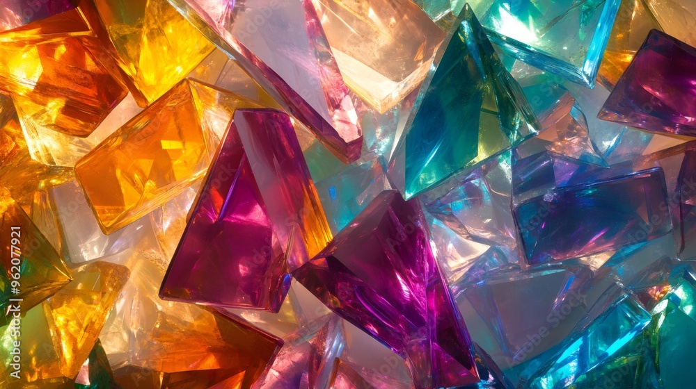 A close-up of colorful, geometric glass pieces with reflective surfaces. A close-up of colorful, geometric glass pieces with reflective surfaces.