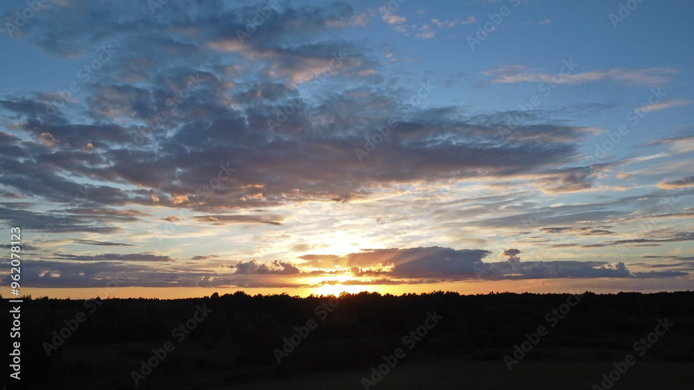 Sunset over the fields. Landscape in eastern Lithuania from the drone.. Sunset over the fields. Landscape in eastern Lithuania from the drone..