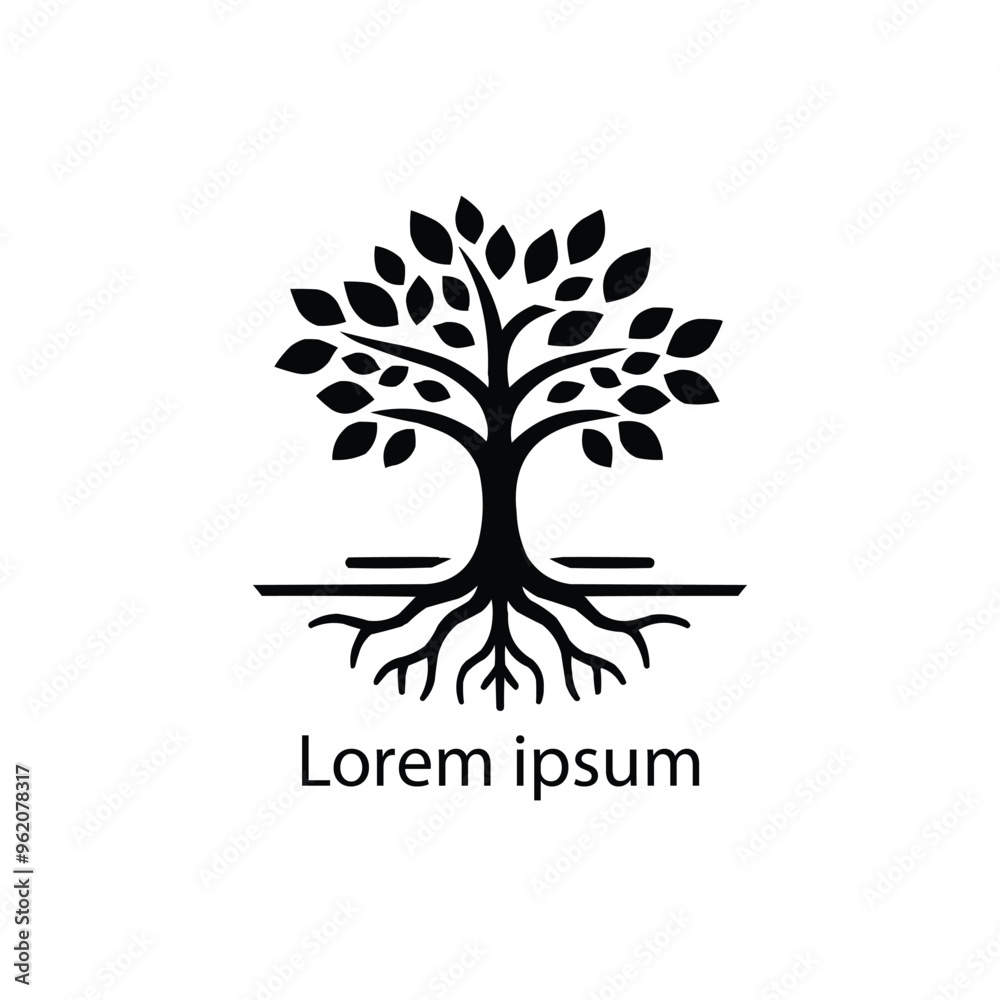 A black and white drawing of a tree with roots in the middle A black and white drawing of a tree with roots in the middle