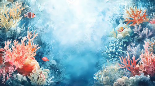 Fototapeta Naklejka Na Ścianę i Meble -  Watercolor painting coral reef ocean theme frame border. Coral Reef. Illustration