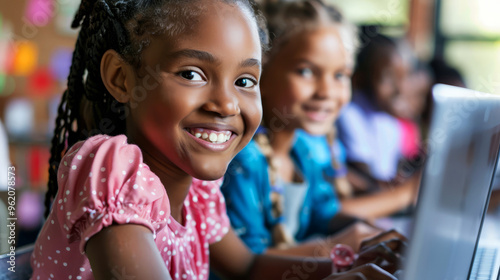 Happy African American Girl Smiling While Using A Laptop Computer In A Classroom. photo