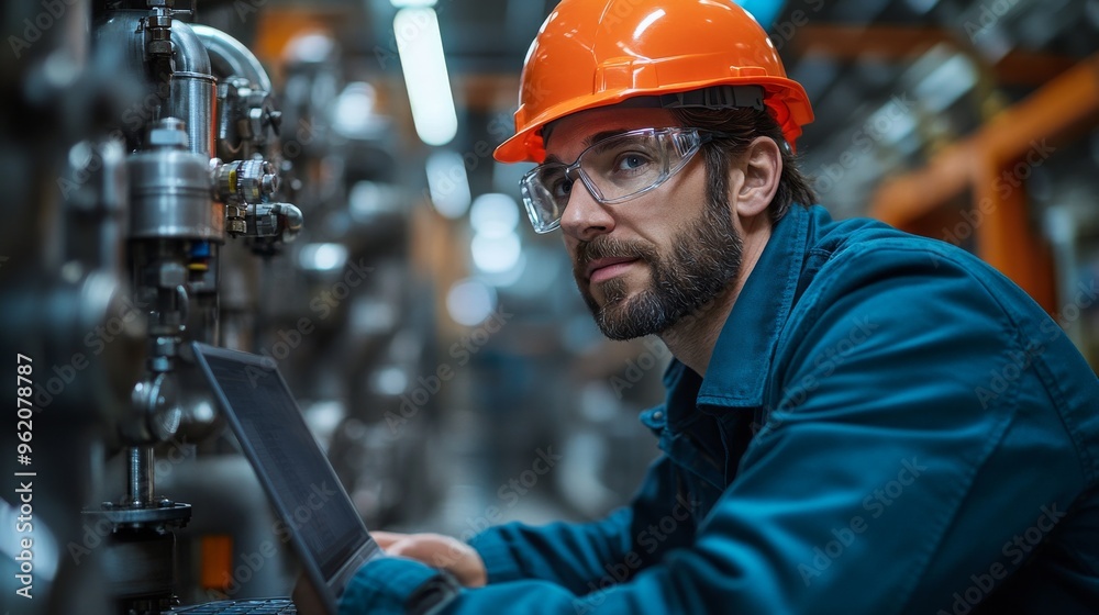 A man in a helmet with a laptop on the background of a factory floor A man in a helmet with a laptop on the background of a factory floor