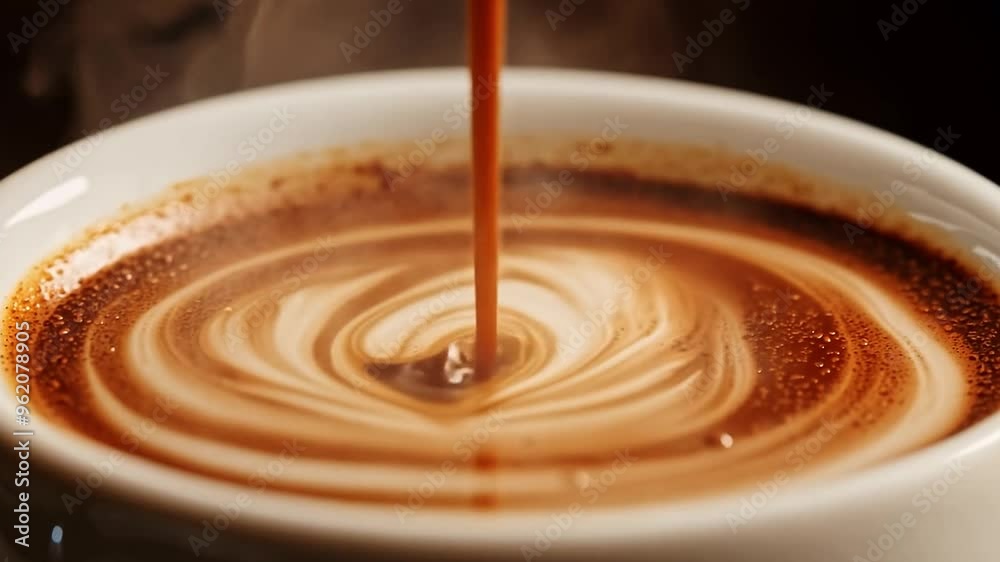 Close-Up of Hot Coffee Pouring into Cup with Swirling Cream - Coffee Beverage Preparation Close-Up of Hot Coffee Pouring into Cup with Swirling Cream - Coffee Beverage Preparation