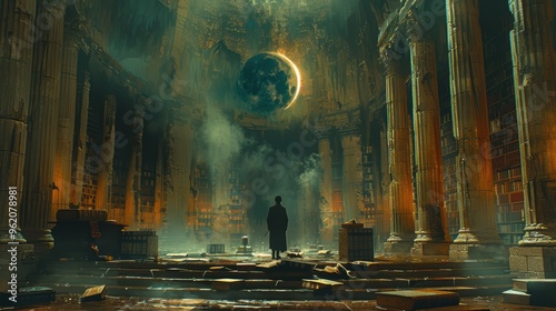 Eclipse in the Enchanted Library, a man contemplates ancient tomes under a celestial moon eclipse, surrounded by towering shelves and mystical shadows