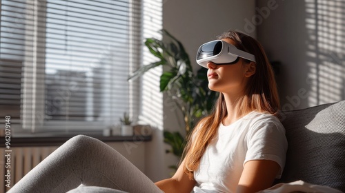 a girl wearing apple vision pro in her smart home