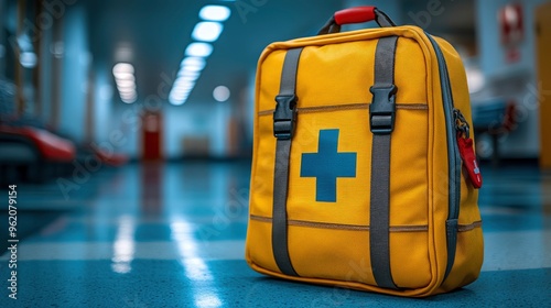 Yellow First Aid Kit Backpack in a Hospital Corridor photo