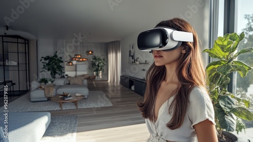 a girl wearing apple vision pro in her smart home