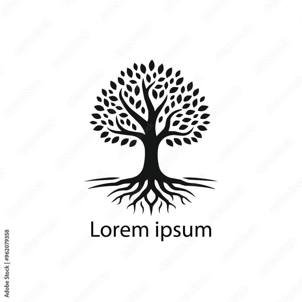 A black and white drawing of a tree with roots in the middle A black and white drawing of a tree with roots in the middle