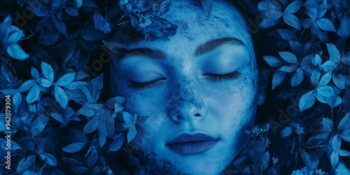 A close-up shot of a person's face, tinted in blue, surrounded by blue leaves, creating a serene, dreamlike effect. photo