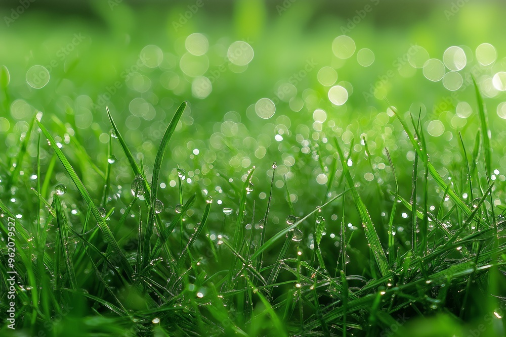 Obraz premium A detailed view of lush green grass covered with sparkling morning dew, highlighting freshness and nature's beauty.