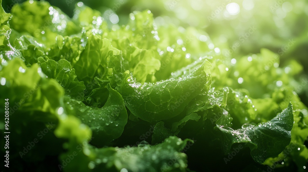 Close-up of fresh green lettuce leaves with dew drops under sunlight. Close-up of fresh green lettuce leaves with dew drops under sunlight.