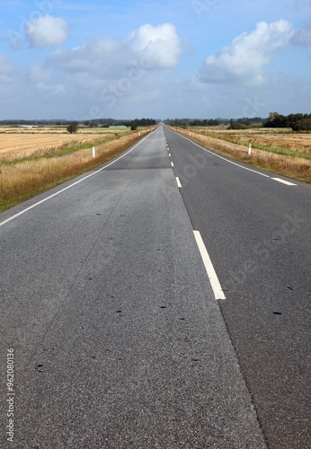 Tableau sur toile long straight stretch of asphalt road without people on the plain and without ca