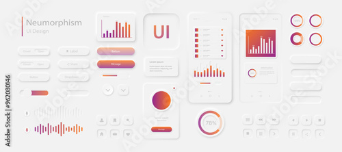User interface elements for a mobile application in white and red. A set for developing a modern website or mobile application in the Neumorphism style. Vector EPS 10.