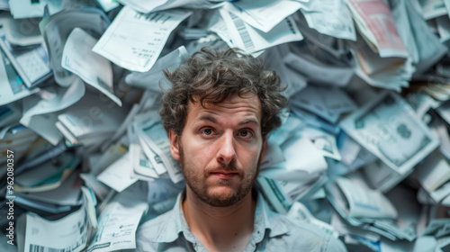 Man overwhelmed by paperwork, buried in a stack of documents.  frustration, stress, deadlines.  business, office, chaos.  conceptual photo. photo