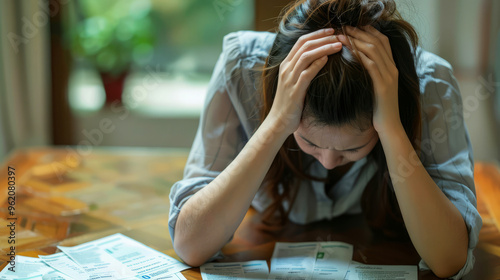 Stressed woman looking at bills on table 