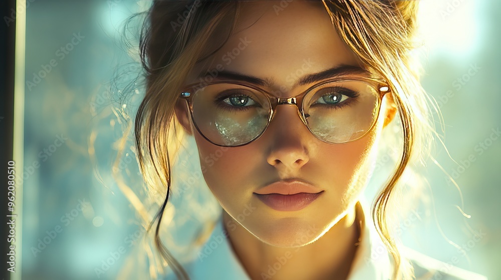 Young Woman With Glasses Gazes Thoughtfully by the Window, Warm Sunlight Illuminating Her Features in a Cozy Indoor Setting Young Woman With Glasses Gazes Thoughtfully by the Window, Warm Sunlight Illuminating Her Features in a Cozy Indoor Setting