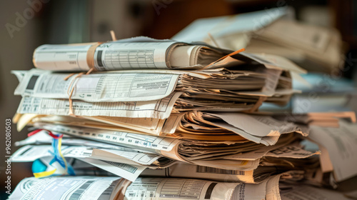 A stack of old, worn, and crumpled papers with handwritten notes and diagrams, bound together with rubber bands. they are scattered and piled in a chaotic manner. photo