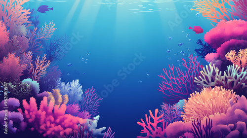 Fototapeta Naklejka Na Ścianę i Meble -  World ocean day boorder frame. squared coral reef border frame. Coral Reef. Illustration