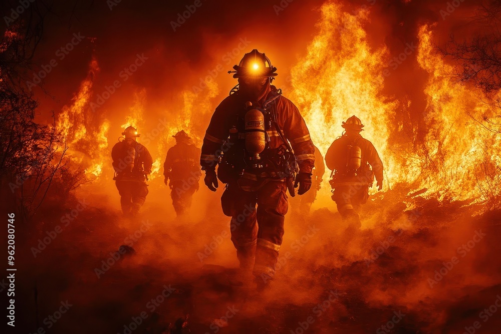 heroic firefighter silhouette emerging from smoke helmet gleaming leading team through blazing inferno with unwavering determination heroic firefighter silhouette emerging from smoke helmet gleaming leading team through blazing inferno with unwavering determination