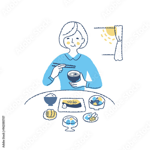 栄養バランスの良い朝食を食べている女性