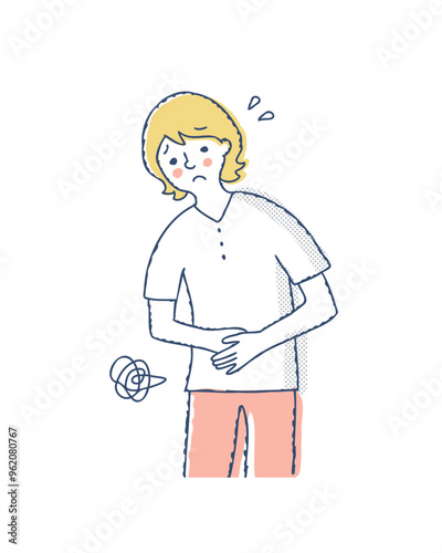 お腹を押さえている困った表情の女性　