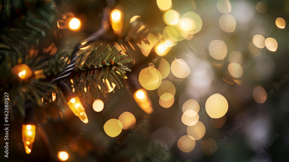 Warm Bokeh Lights On Green Branches - Christmas Decor Warm Bokeh Lights On Green Branches - Christmas Decor