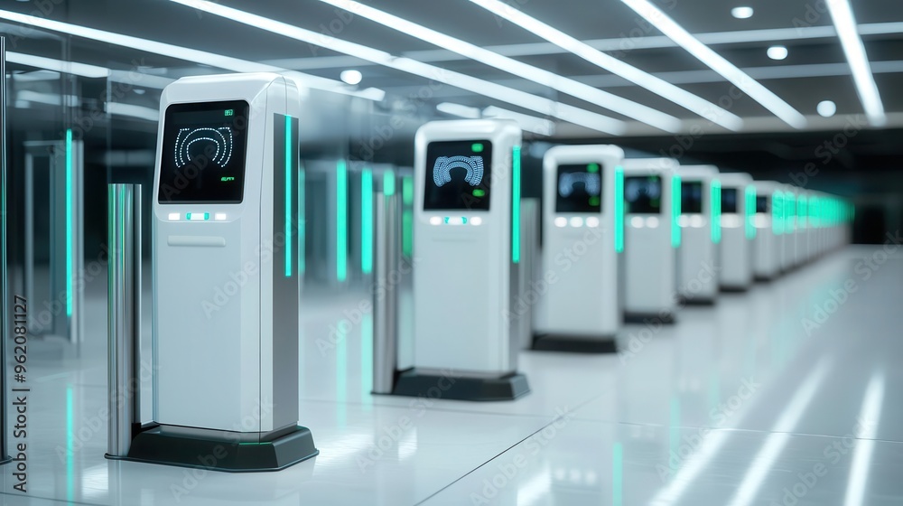 Futuristic security checkpoint with biometric facial recognition scanners for access control, Biometric tech, Facial recognition innovation Futuristic security checkpoint with biometric facial recognition scanners for access control, Biometric tech, Facial recognition innovation