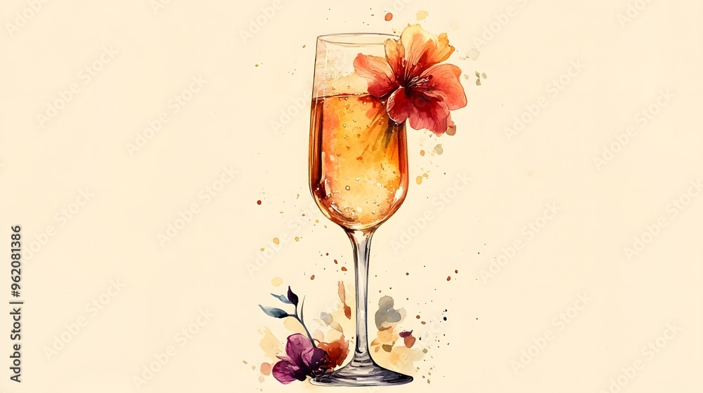 Watercolor Champagne Glass with Flowers Watercolor Champagne Glass with Flowers
