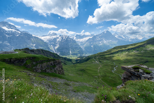 Scenery from the Bachalpsee Lake trail in Grindelwald Switzerland, reached from a hike at Grindelwald First in the Swiss Alps photo