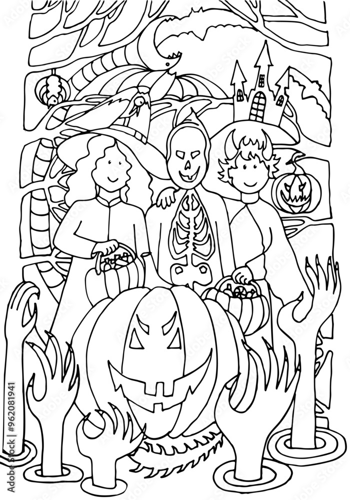 Halloween. Coloring page. Witch, bats, hands, castle, moon, snake, pumpkins on a night of celebration. Coloring book for kids. Trick or treat. Hand drawn vector illustration
