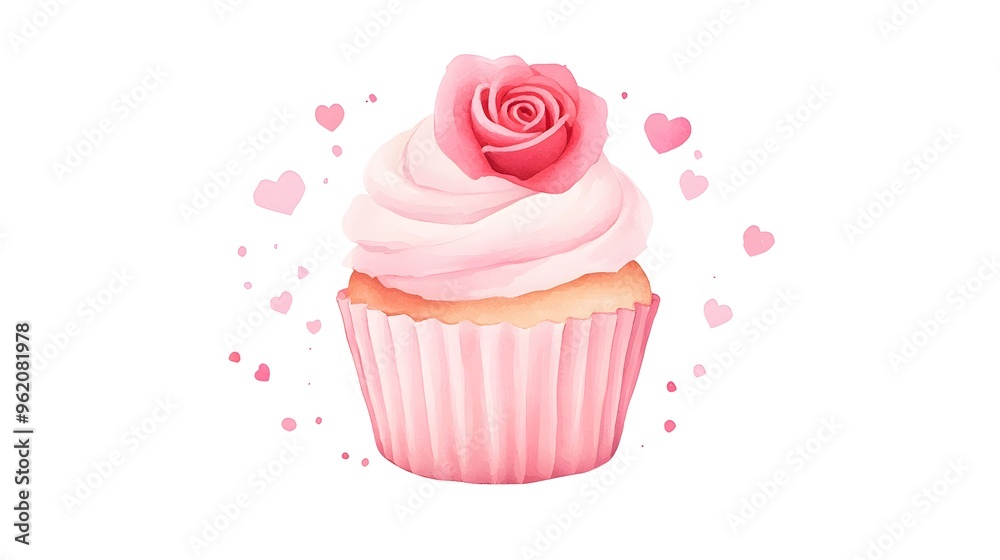 Pink Watercolor Cupcake with Rose and Hearts Pink Watercolor Cupcake with Rose and Hearts
