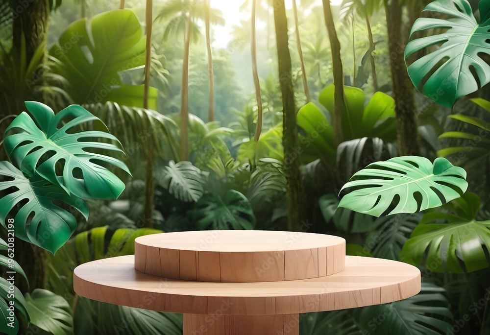 Tropical forest background with green monstera plant for product display.