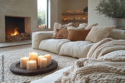 hyggeinspired living room soft textures warm candlelight cozy throws neutral palette with pops of muted color inviting ambiance photo