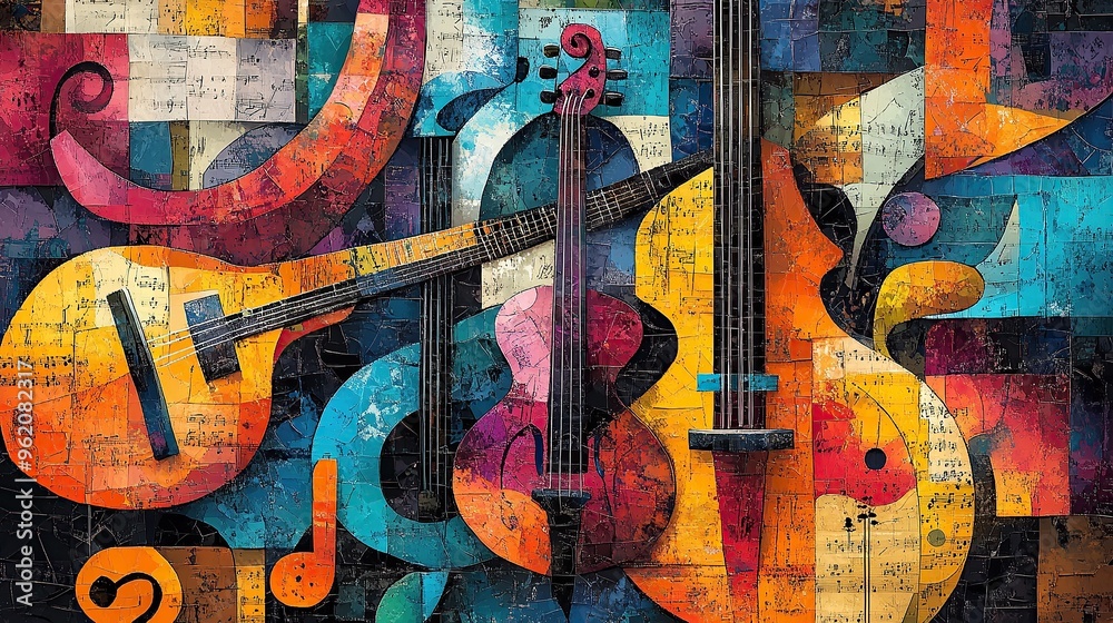 Vibrant Abstract Collage of Musical Instruments