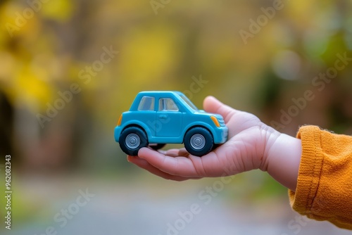 Toddler's hand holding a toy car. Children's toys