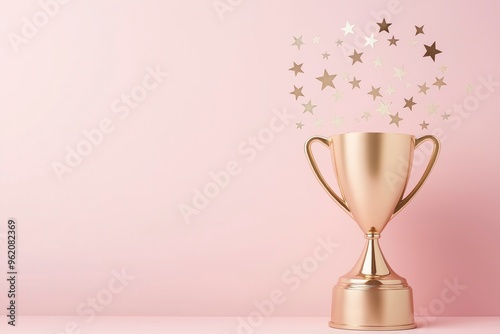 A golden trophy with stars spilling out of it on a pastel pink background, a celebration concept.