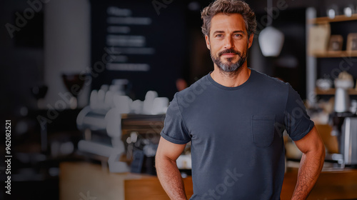 A confident man stands in a chic cafe, showcasing style and warmth His relaxed demeanor and cozy environment create an inviting atmosphere for coffee lovers