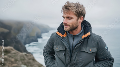 A man stands on a coastal cliff, exuding confidence and tranquility, dressed in a warm jacket The dramatic seascape and misty mountains provide a stunning backdrop